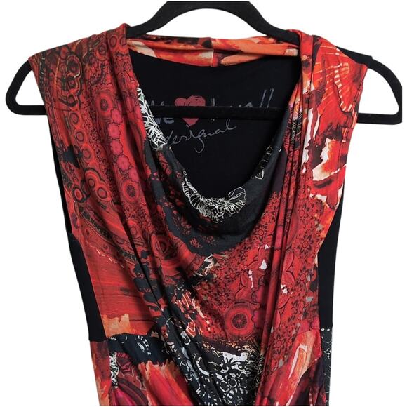 Desigual Red Draped Knot Abstract Print Sleeveless Midi Dress Size M - Picture 3 of 10